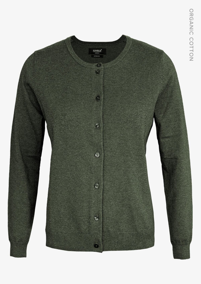 A green cardigan for women made from organic cotton, featuring a button-up front and long sleeves.