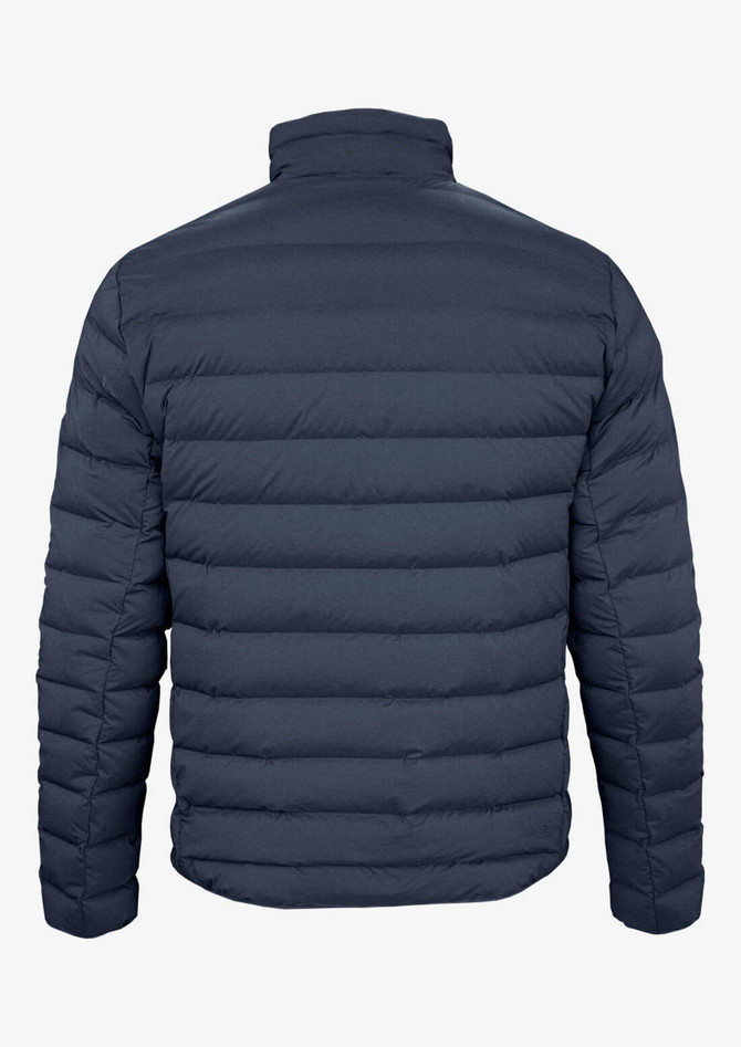 A navy blue down jacket featuring a quilted design and standing collar. It has branding on the back.
