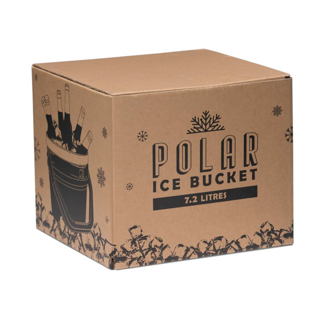 A cardboard box containing a Polar Ice 7.2L bucket, illustrated with a design featuring ice and bottles. A cardboard box containing a Polar Ice 7.2L bucket, illustrated with a design featuring ice and bottles.