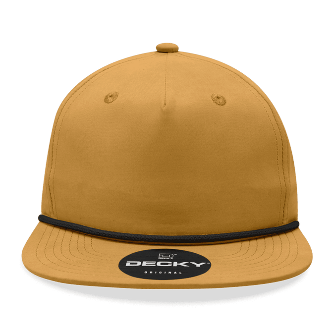 A high-profile, relaxed-fit rope hat in a golden mustard colour, featuring a branded logo on the front.