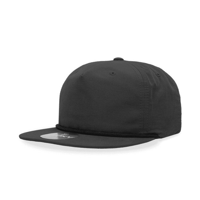 A black 5-panel high profile relaxed rope hat with a flat brim and a logo.