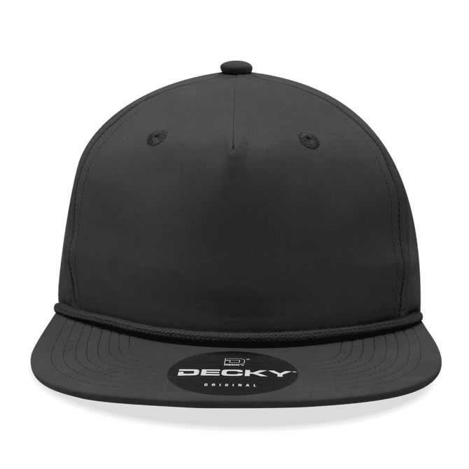A high-profile, relaxed black rope hat featuring a branded patch on the front.