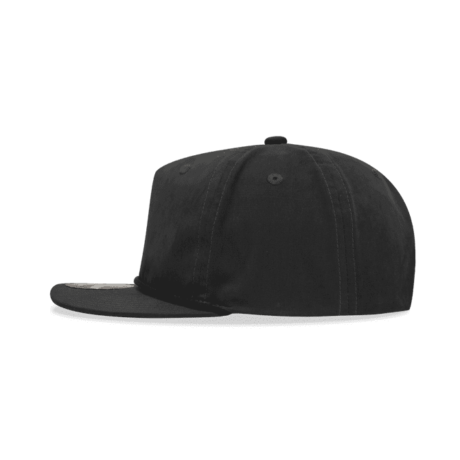 A black high-profile relaxed rope hat featuring a flat brim and an adjustable strap at the back.