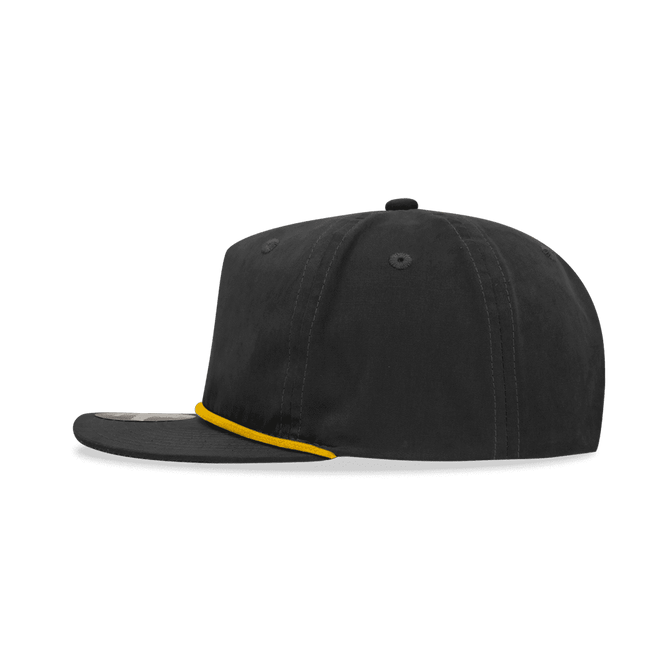 A high-profile black relaxed rope hat featuring a yellow accent and a logo on the front.