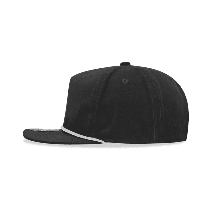 A black 5 Panel High Profile Relaxed Rope Hat with a contrasting white rope detail. Features branding on the front.
