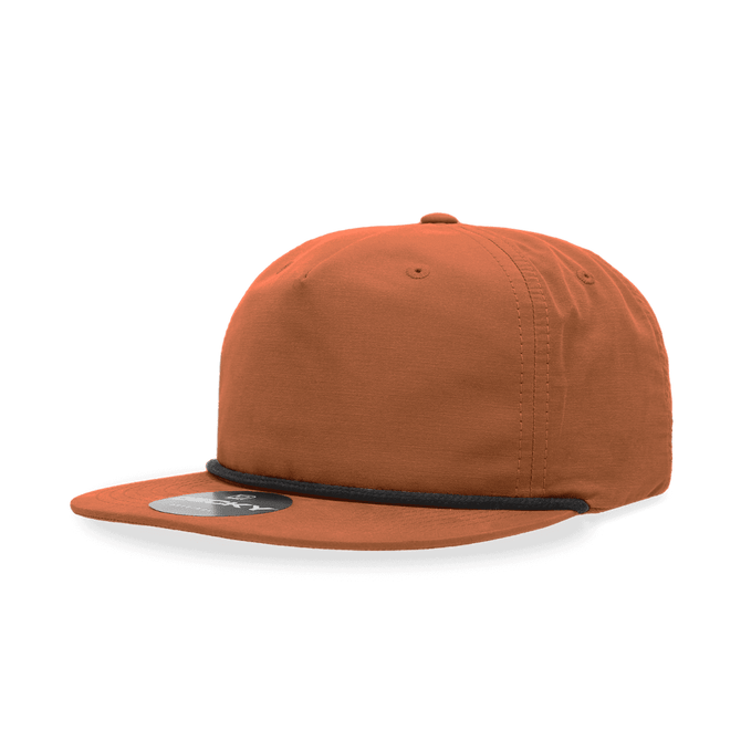 An orange 5 Panel High Profile Relaxed Rope Hat with a black trim and a logo on the front.