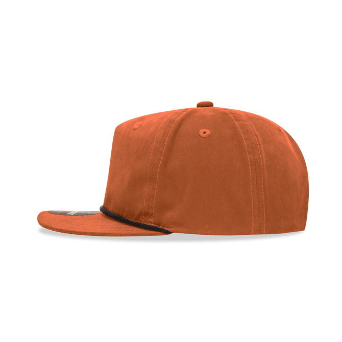 An orange 5-panel high profile relaxed rope hat featuring a black rope detail and a curved brim.