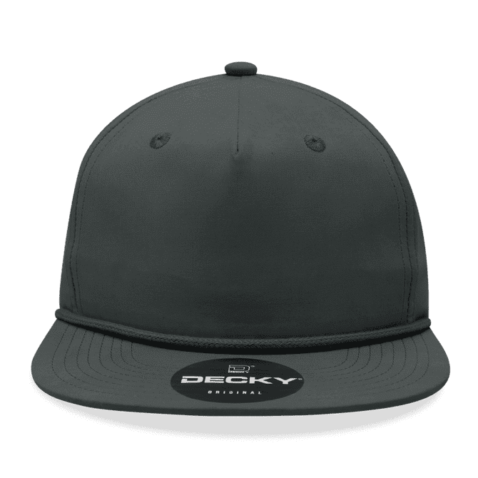 A high-profile, relaxed 5-panel hat in dark grey, featuring a decorative rope and a logo on the front.