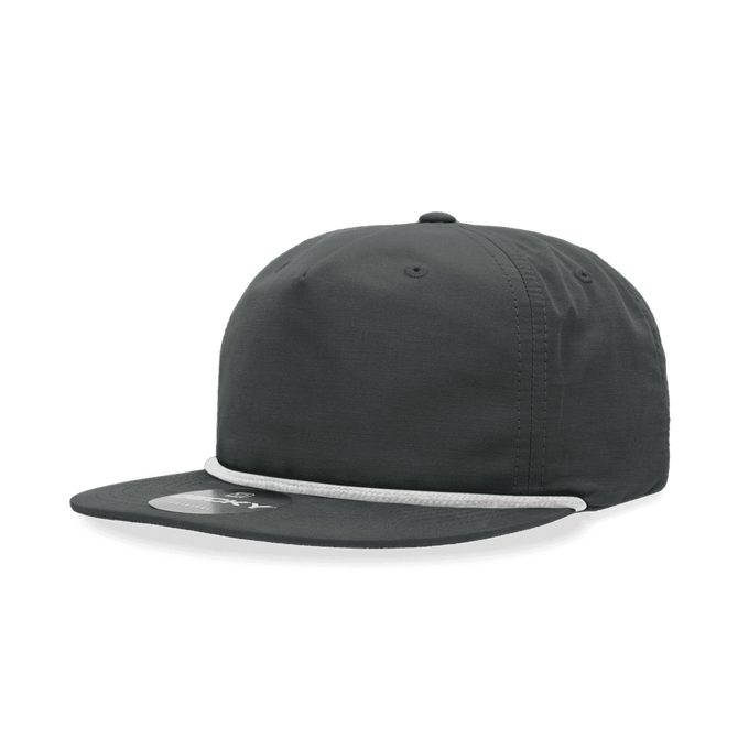 A grey 5 Panel High Profile Relaxed Rope Hat featuring a contrasting white rope detail and a logo on the front.