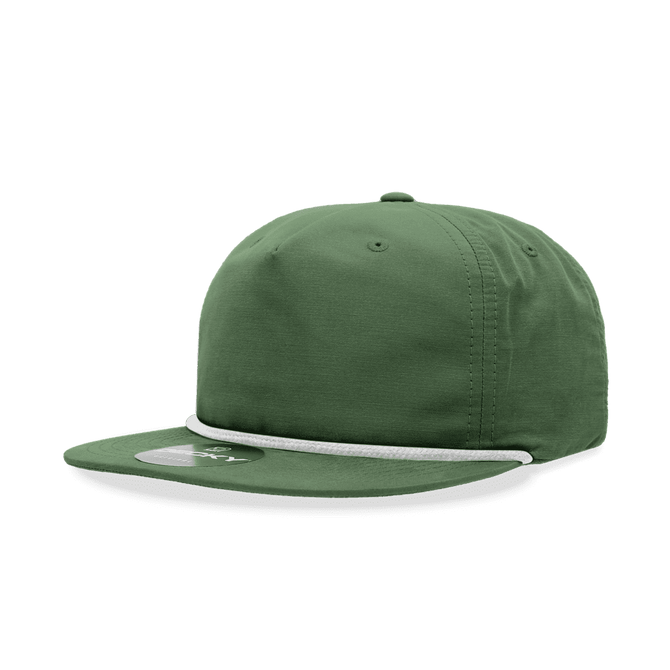 A green 5-panel high profile relaxed rope hat with a flat brim and a decorative rope detail.