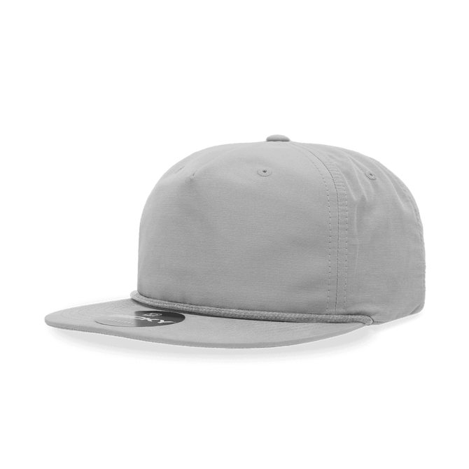 A grey 5 Panel High Profile Relaxed Rope Hat featuring a flat brim and a logo on the front.