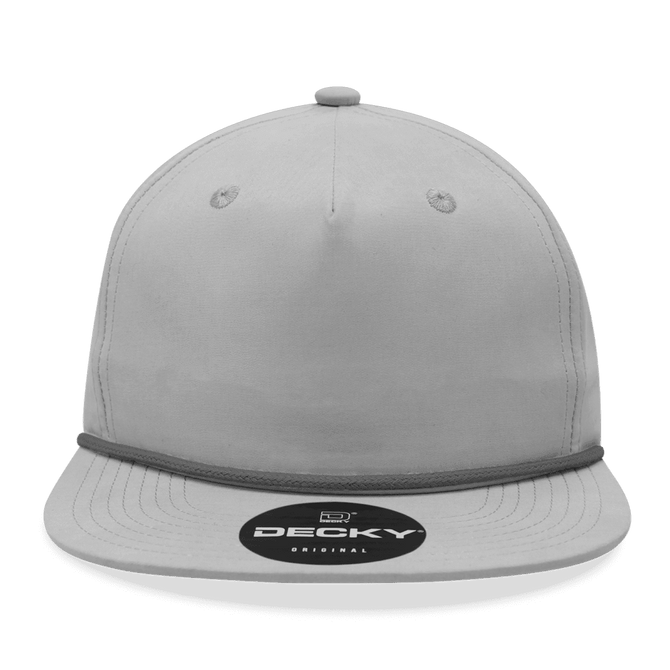 A grey 5 panel high profile relaxed rope hat with a round logo on the front.