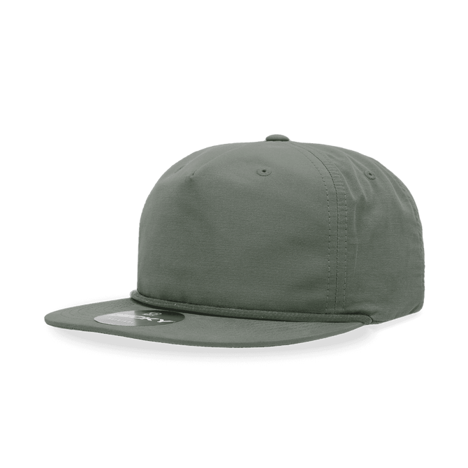 A green 5 panel high profile relaxed rope hat with a flat brim and a branded logo.