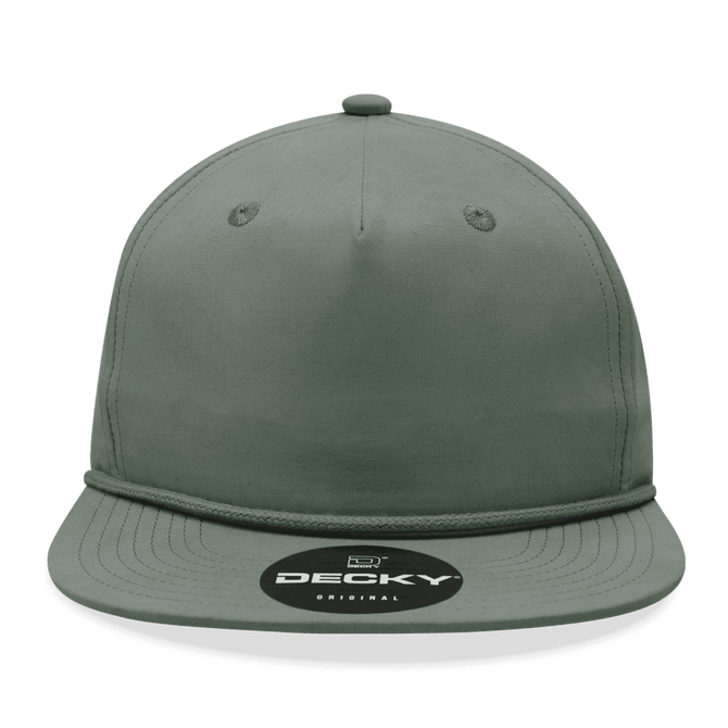 A high-profile relaxed rope hat in olive green featuring a flat brim and a branded patch.