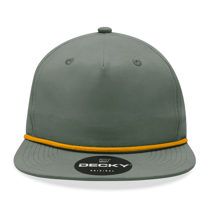 A grey high-profile relaxed rope hat with an orange braided band and a logo on the front.