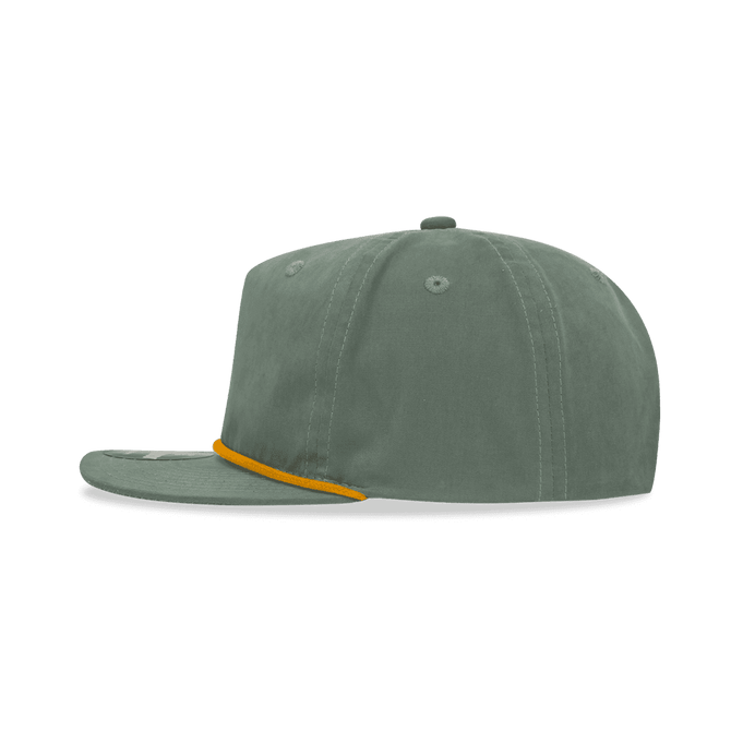 A green 5 Panel High Profile Relaxed Rope Hat features an orange detailing and has a logo on the front.
