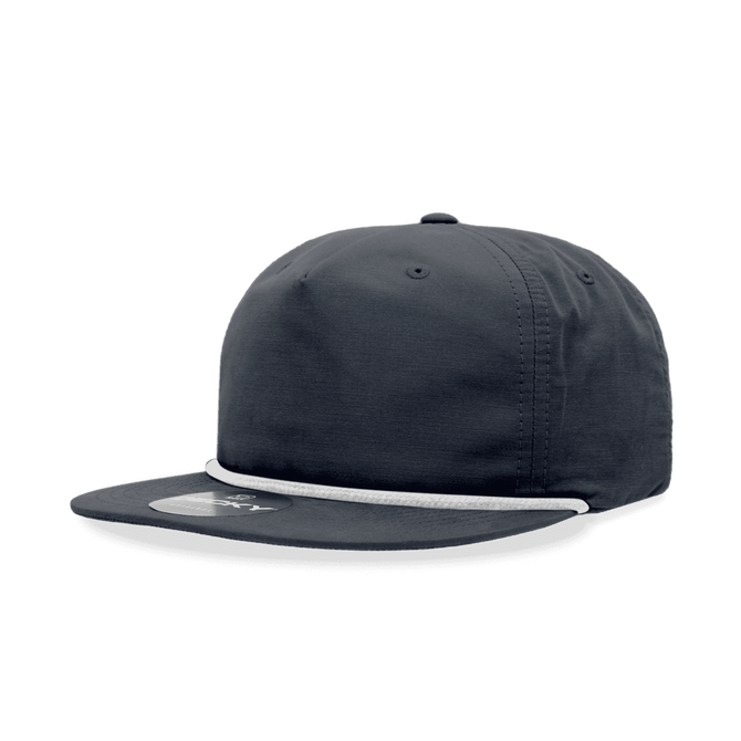 A grey 5 Panel High Profile Relaxed Rope Hat with a flat brim and a decorative rope detail. It features a logo.