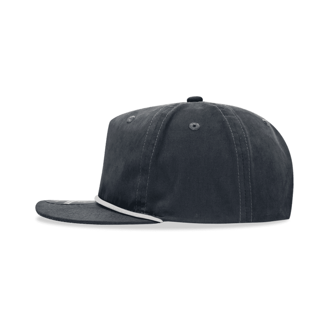 A high-profile, relaxed 5-panel rope hat in grey, featuring a flat brim and a logo on the side.