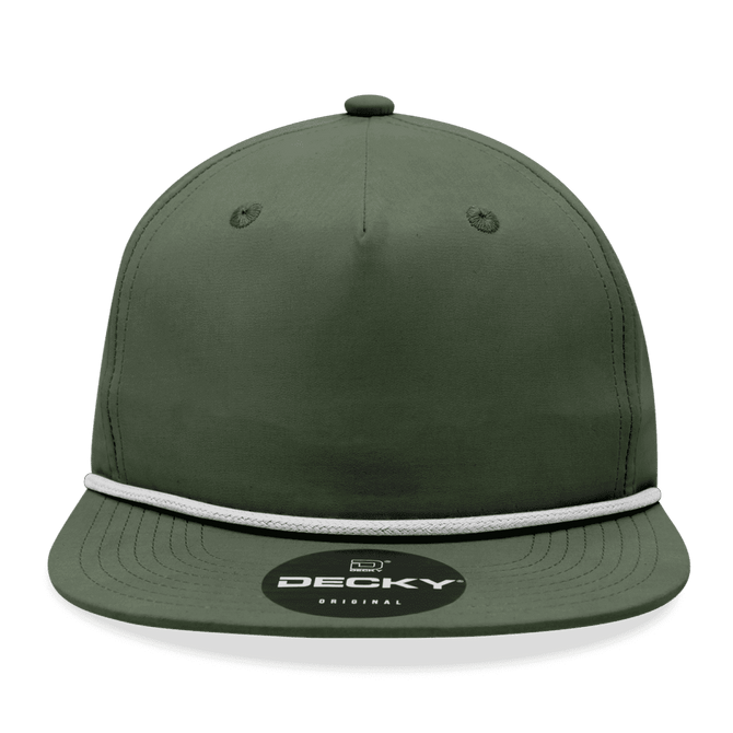 A high-profile, relaxed olive green rope hat with a white accent and a logo on the front.