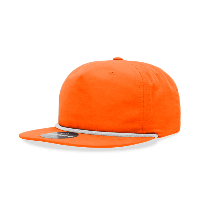 An orange 5 Panel High Profile Relaxed Rope Hat with a black brim and a logo on the front.