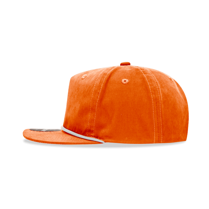 A high-profile, relaxed rope hat in orange, featuring a contrasting peak and a logo on the front.