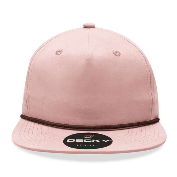 A high-profile, relaxed rope hat in soft pink with a brown rope detail and a logo patch on the front.