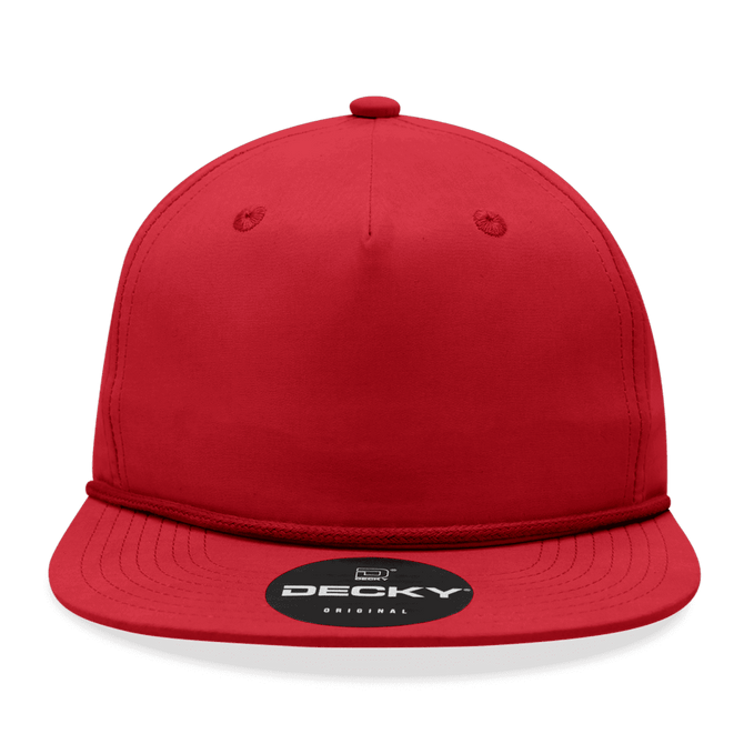 A red 5-panel high profile relaxed rope hat with a branded logo on the front.