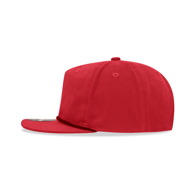 A red high-profile relaxed rope hat featuring a five-panel design and a logo.