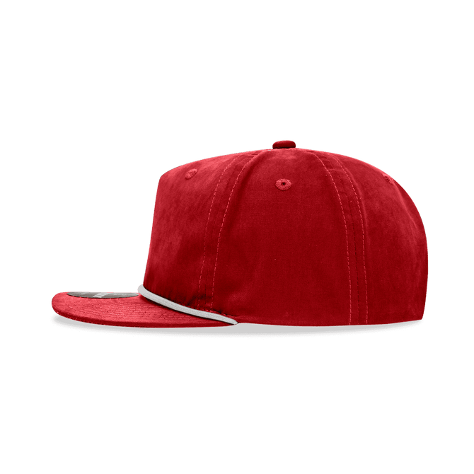 A red 5 Panel High Profile Relaxed Rope Hat with a flat brim and a logo on the front.