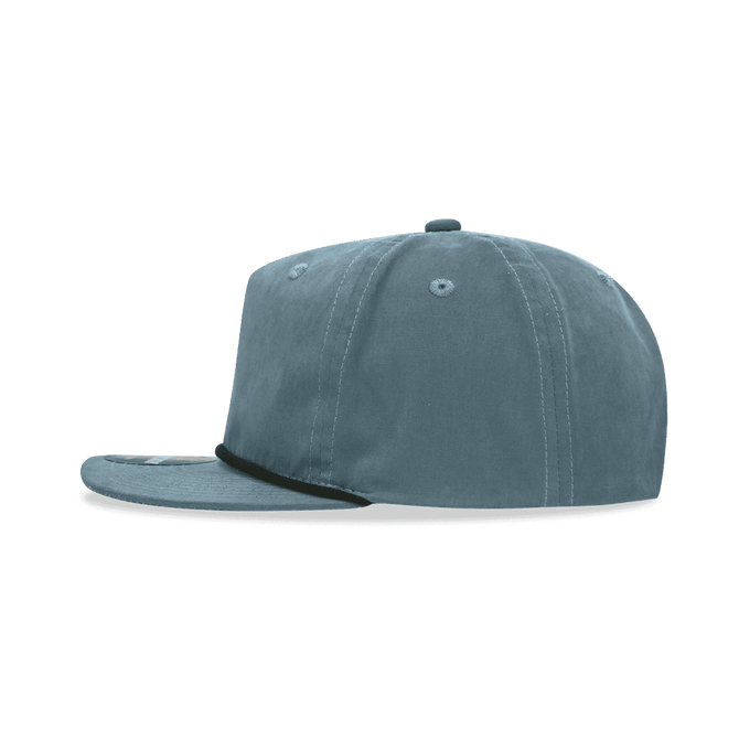A grey 5 Panel High Profile Relaxed Rope Hat with a flat brim and a logo on the front.
