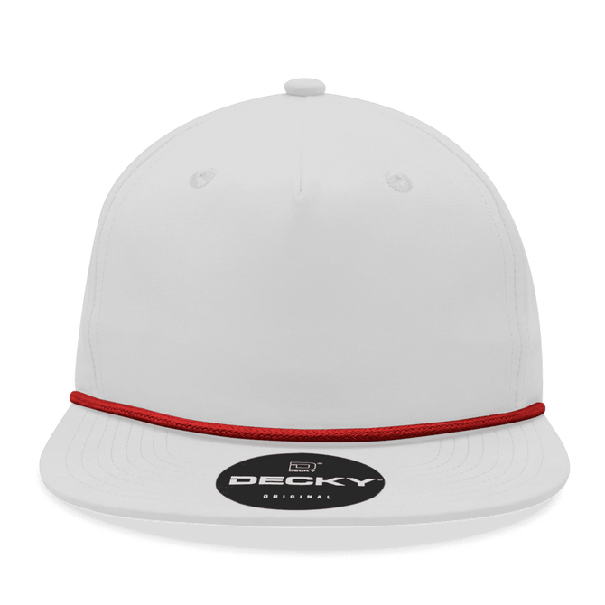 A white high-profile hat with a relaxed fit and a red rope detail, featuring a brand logo on the front.