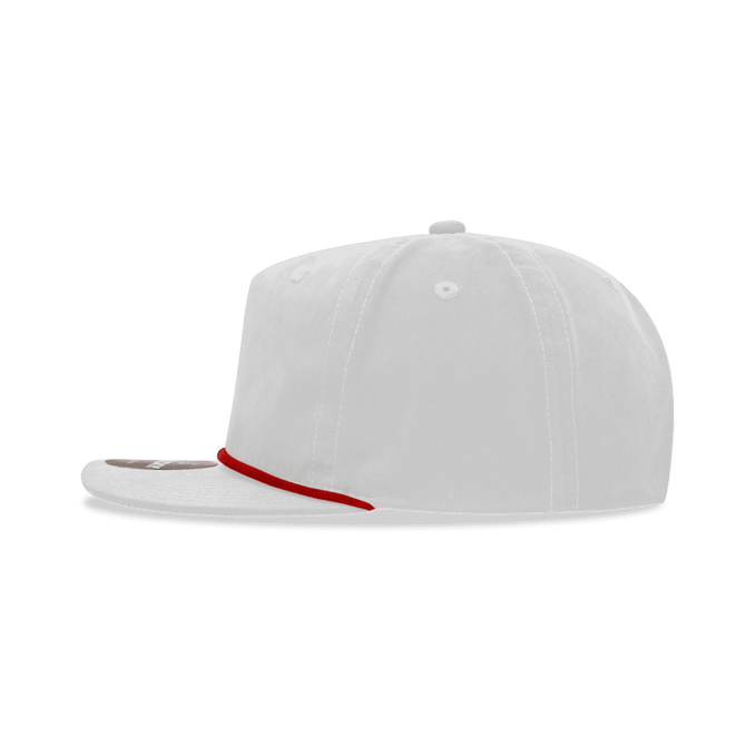A white 5 panel high profile relaxed rope hat with a red accent, featuring a branded logo on the front.