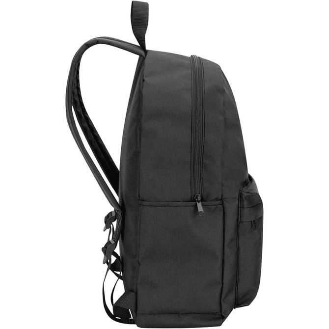 A black laptop backpack with adjustable straps, featuring a zippered main compartment and side pockets.