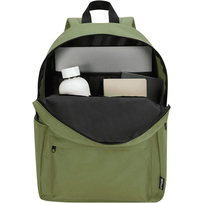 A green laptop backpack with a bottle, notebook, and laptop compartment visible inside. It features a logo.