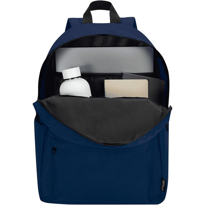A navy blue laptop backpack with internal compartments for a drink bottle, notebook, and laptop. It features a logo.