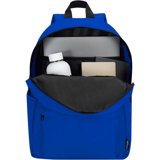 A blue laptop backpack featuring an open main compartment with a drink bottle, notebook, and laptop sleeve inside.