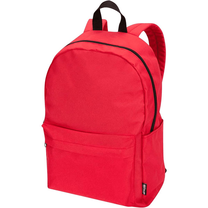 A red laptop backpack with a front pocket and black straps. It has a simple design and branding visible.