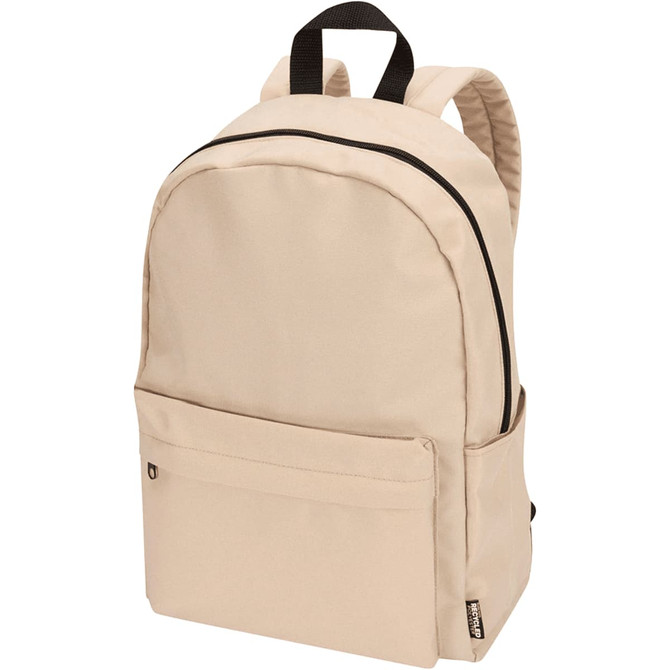 A beige laptop backpack with a front pocket, adjustable straps, and a logo on the side.