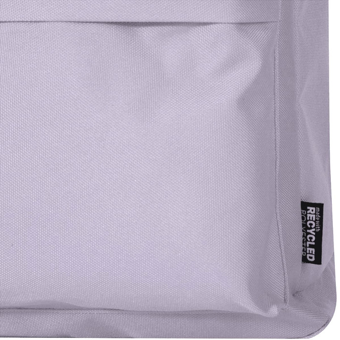 A grey recycled fabric backpack features a front pocket and a logo tag.