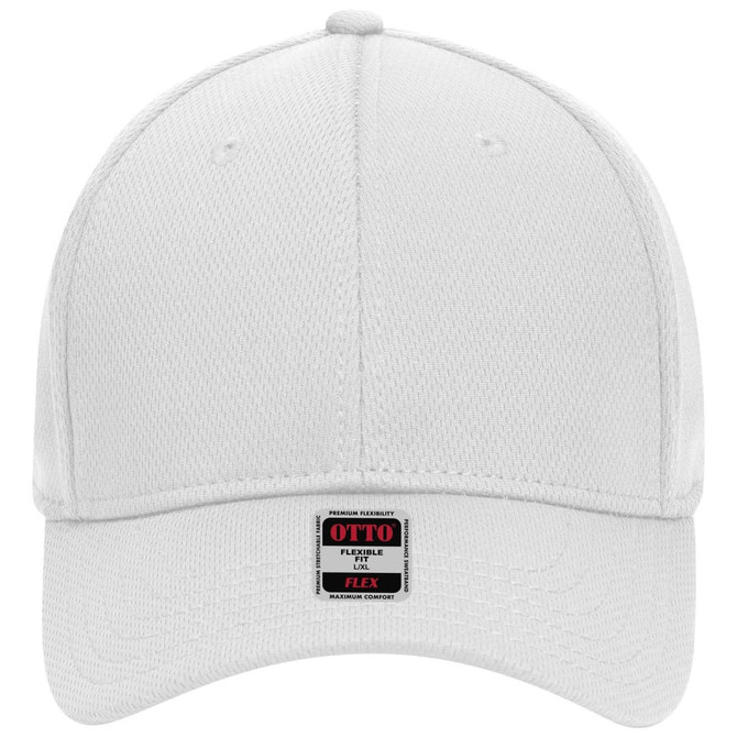 A white six-panel low profile baseball cap with a branded label on the front.