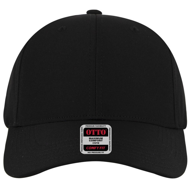 A black six-panel low profile baseball cap with a branded logo on the front.