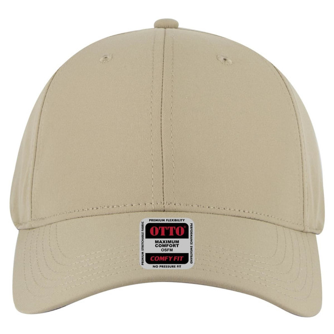 A beige six-panel low profile baseball cap with an adjustable back and a logo patch on the front.