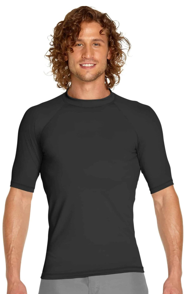 A black short sleeve rashie featuring a fitted design and a logo on the front.