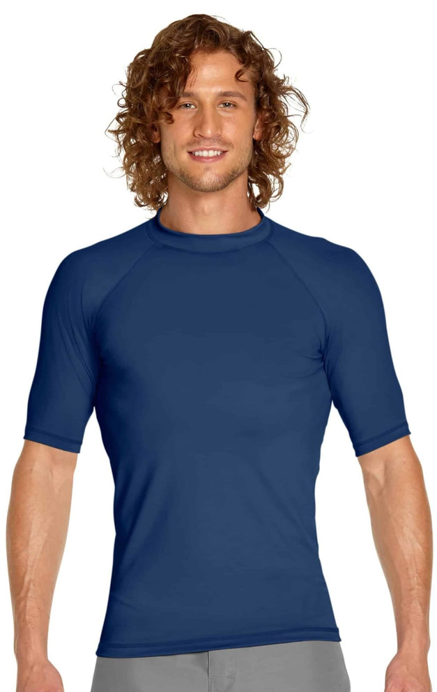 A navy short sleeve rashie with UPF 50+ protection and a fitted style, featuring a logo.
