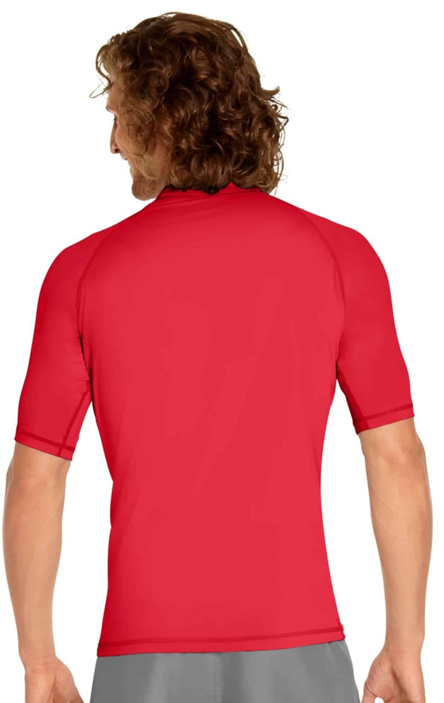 A red short sleeve rashie with a fitted design, featuring a logo on the back.