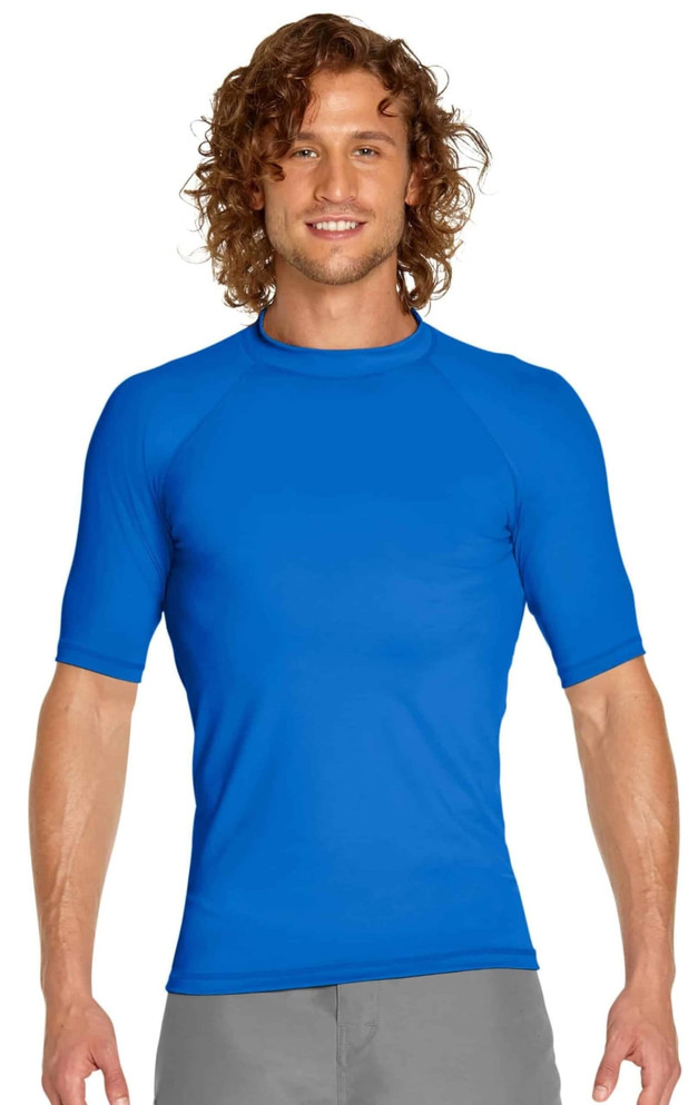 A blue adult short sleeve rashie with UPF 50+ protection, featuring a fitted design and logo.
