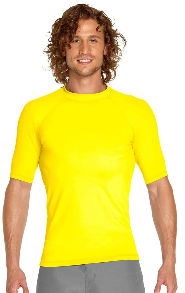 A bright yellow adult short sleeve rashie with a fitted design and raglan sleeves, featuring a logo.