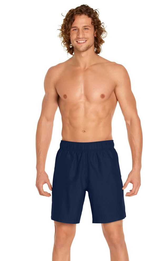 Men's navy swim trunks featuring an elastic waistband and a logo, designed for sun protection with UPF 50+.