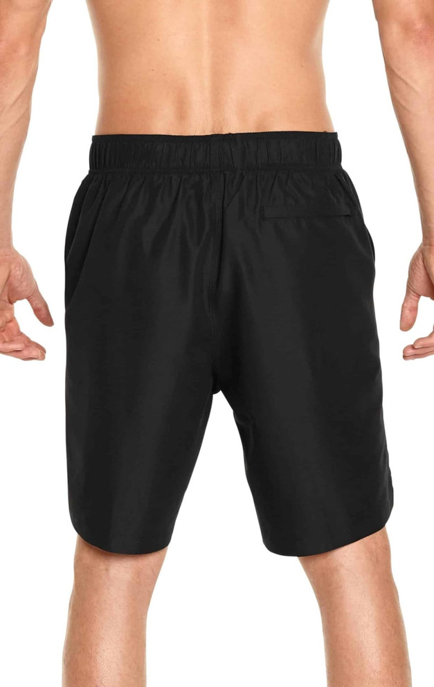 Men's black volley swim trunks with an elastic waistband and a logo detail on the back.
