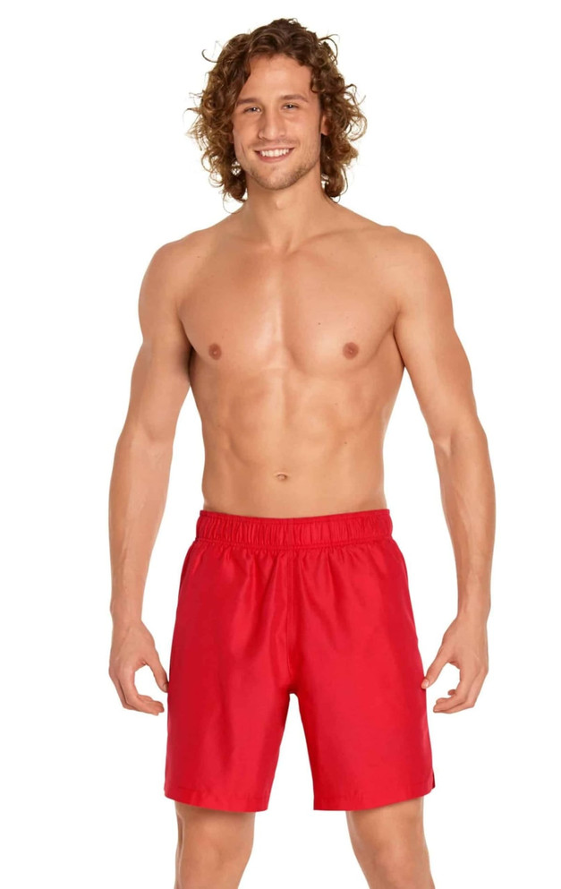 Red men's volley swim trunks featuring a comfortable elastic waistband and a logo. Ideal for beach or pool wear.